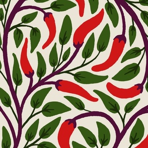 (L) Chillies on the vine - red chilli peppers with sage green leaves on a cream background
