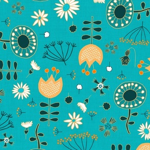 scattered retro flowers on turquoise | large