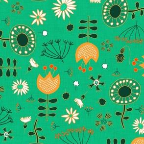 scattered retro flowers on grass green | large