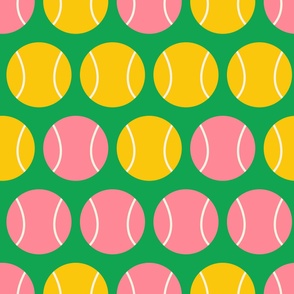 Retro-yellow-and-soft-pink-tennis-ball-triangles-on-bright-vintage-green-XL-jumbo