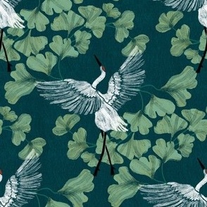 Japanese Crane Full Color + Gingko Tree Leaves on Navy Background