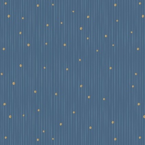 S. Muted denim blue vertical pinstripe on dark navy blue, tossed gold dots