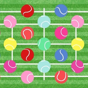 Tennis court with colorful balls