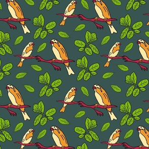 birds and small branches on olive green (small)