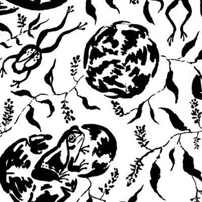 medium - Frogs on lily pad round leaves in Jungle Rain Forest - white on black ink version