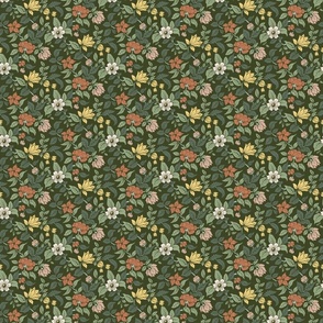 Vintage-inspired lush floral pattern on a deep green backdrop