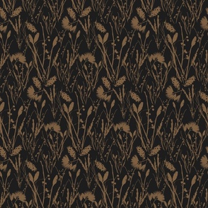 Small scale traditional heritage bloom floral in dark midnight black and russet brown.