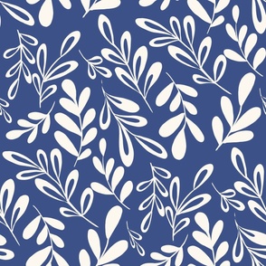 Medium//Simple leaves in indigo navy blue and off white 