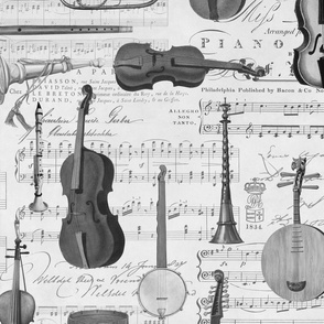Vintage Music Instruments And Notes Greyscales Large Scale