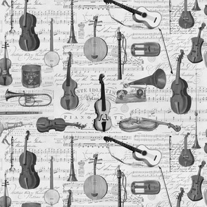Vintage Music Instruments And Notes Greyscales Medium Scale
