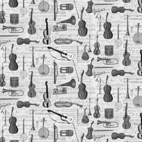 Vintage Music Instruments And Notes Greyscales Smaller Scale
