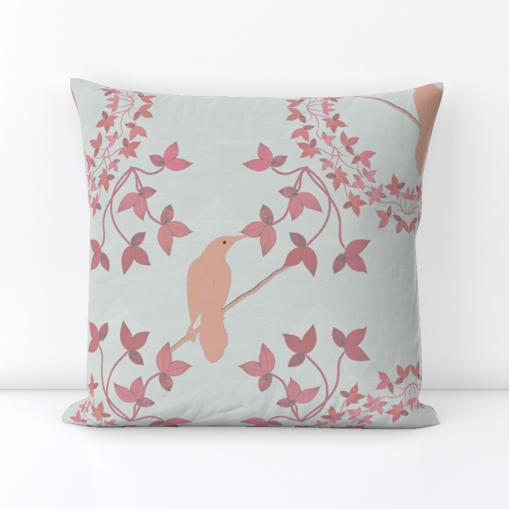 Grackle Black Birds On Ivy Branches Pink Peach