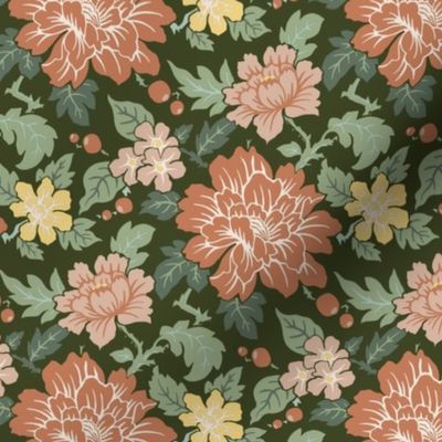 Artisanal chrysanthemum pattern with coral blooms on a green field