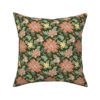 Artisanal chrysanthemum pattern with coral blooms on a green field