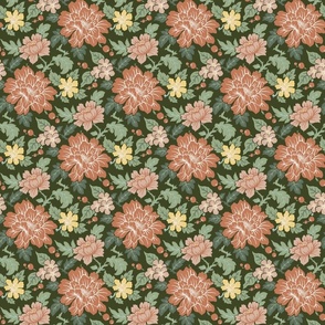 Artisanal chrysanthemum pattern with coral blooms on a green field