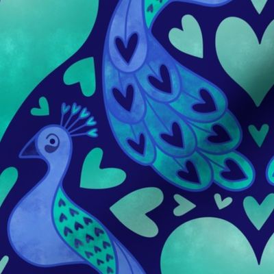 L – Blue Peacock Hearts – Navy & Aqua Peacocks in Love Damask Heart Pattern