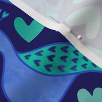 L – Blue Peacock Hearts – Navy & Aqua Peacocks in Love Damask Heart Pattern