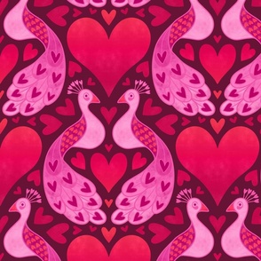 L – Red Peacock Hearts – Burgundy & Pink Peacocks in Love Damask Heart Pattern
