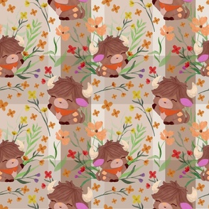 Watercolor Baby Highland Cow and Wildflowers Muted Plaid