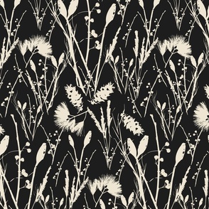 Medium scale traditional heritage bloom floral in dark midnight black and beige. 