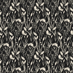 Medium scale traditional heritage bloom floral in dark midnight black and beige.