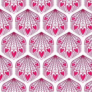 M – Red Peacock Feather Hearts - Burgundy & White Block Print