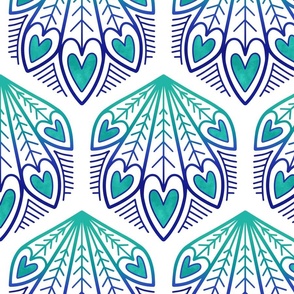 L – Aqua Peacock Feather Hearts - Blue & aquamarine green geometric hexagon block print