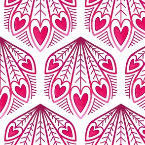 L – Red Peacock Feather Hearts - Burgundy & white geometric hexagon block print