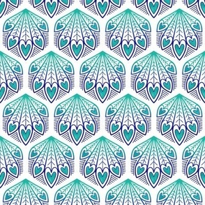 S – Aqua Peacock Feather Hearts - Blue & aquamarine green geometric hexagon block print