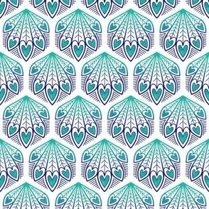 S – Aqua Peacock Feather Hearts - Blue & Aquamarine Green Block Print