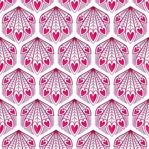 S – Red Peacock Feather Hearts - Burgundy & white geometric hexagon block print