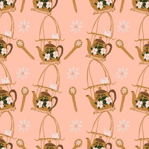 Birds, Blooms gold spoons and floral teapots in pink | Large version | Modern, vintage kitchen, flying bird print