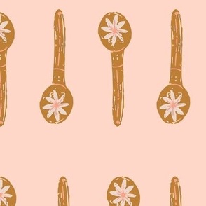 Spoons and small flowers in pink | Large Version | Modern, vintage gold spoons and small flowers print