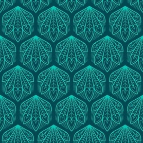 S – Teal Peacock Feather Hearts - Aqua Green Block Print