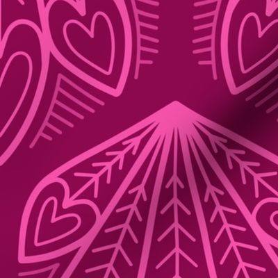 L – Magenta Peacock Feather Hearts - Burgundy pink geometric hexagon block print