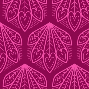 L – Magenta Peacock Feather Hearts - Pink Burgundy Red Block Print