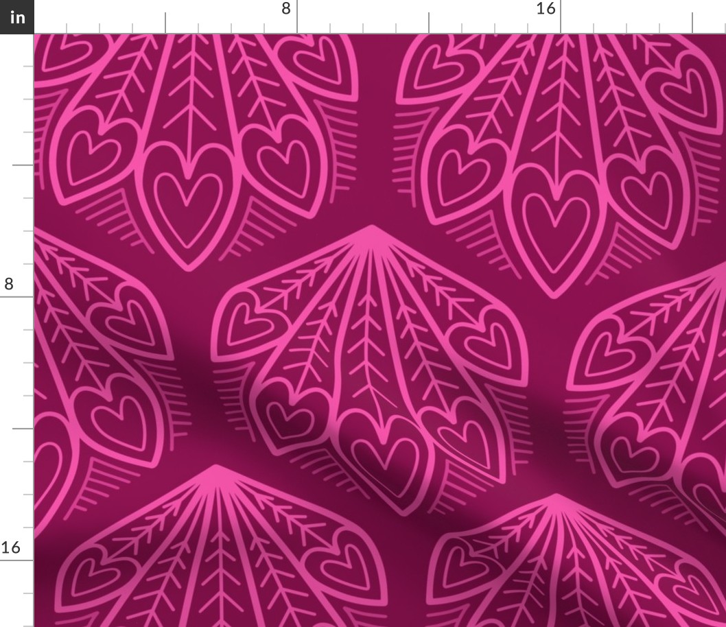 L – Magenta Peacock Feather Hearts - Burgundy pink geometric hexagon block print