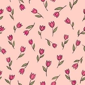 Small Tossed Sketched Tulips on Pink
