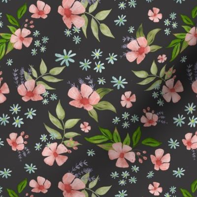Ditsy Pink floral Dark Gray Background