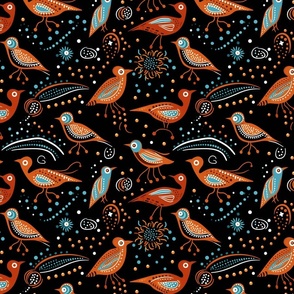 Midnight Melody - Tribal Folk Birds on Black Fabric Design