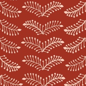 Scandinavian Botanical Block Print Art Nouveau Fern Fronds in Red 