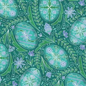 Large Pysanky Maximalist Floral - Aqua and Emerald