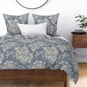 Jumbo - Celeste Peony Blooms Silhouette - White Grey Stormy Blue - Damask Pattern - Watercolour Florals