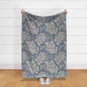 Jumbo - Celeste Peony Blooms Silhouette - White Grey Stormy Blue - Damask Pattern - Watercolour Florals