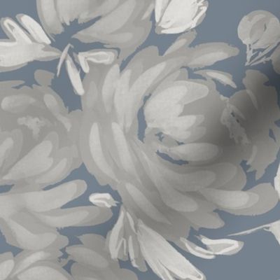 Jumbo - Celeste Peony Blooms Silhouette - White Grey Stormy Blue - Damask Pattern - Watercolour Florals
