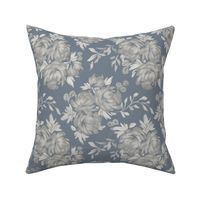 Medium - Celeste Peony Blooms Silhouette - White Grey Stormy Blue - Damask Pattern - Watercolour Florals