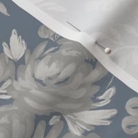 Medium - Celeste Peony Blooms Silhouette - White Grey Stormy Blue - Damask Pattern - Watercolour Florals