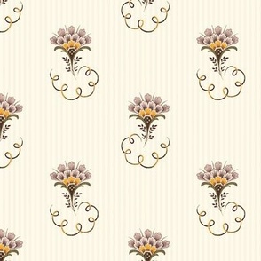 1896 Vintage Curlicue Flowers on Ivory Pinstripes - Coordinate