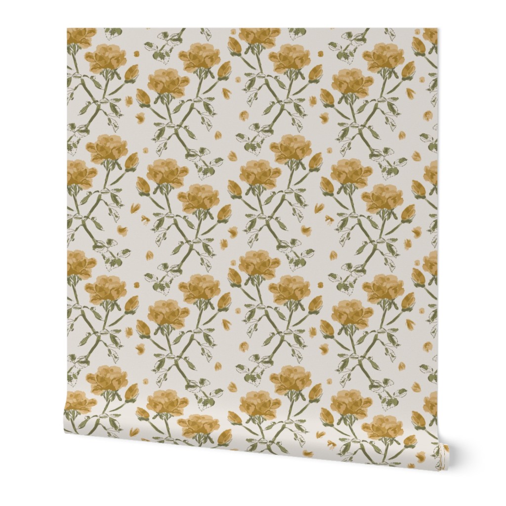 (M) Roses Rosebuds Petals in Gold Yellow on Light Cream | Medium Scale