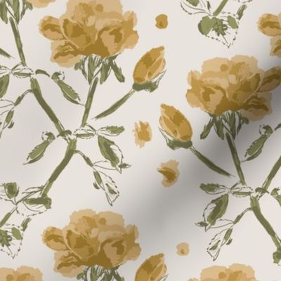 (M) Roses Rosebuds Petals in Gold Yellow on Light Cream | Medium Scale